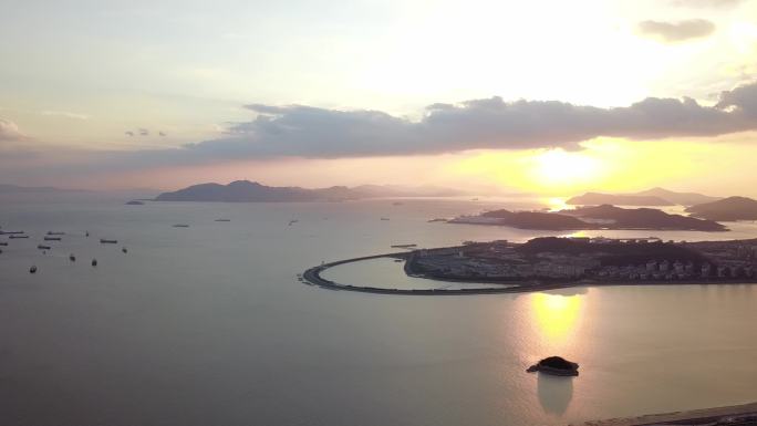 舟山港岛大桥日落航拍4k