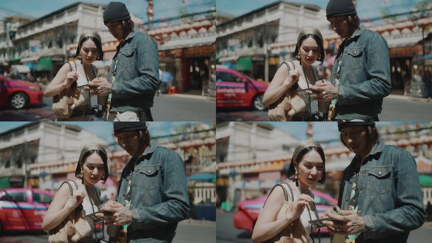 都市冒险:与爱人一起探索曼谷，手持智能手机，偷拍旅行摄影。