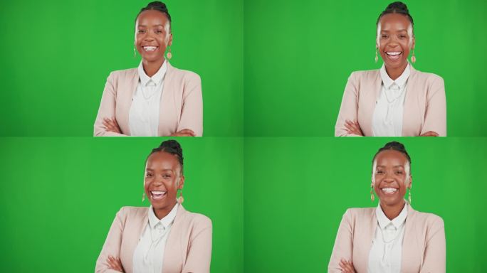 商业女性，肖像和笑在绿色的屏幕上，双臂交叉，骄傲和幸福。面对专业，年轻，非洲企业家的人或老板微笑的工