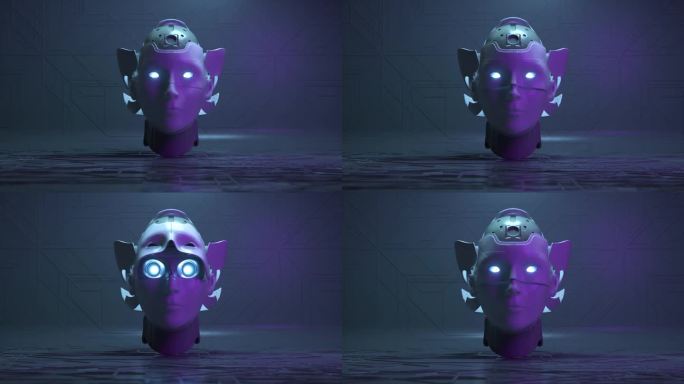 未来的概念。机器人的陶瓷头部打开，露出金属大脑和霓虹灯眼睛。蓝色霓虹灯。三维动画