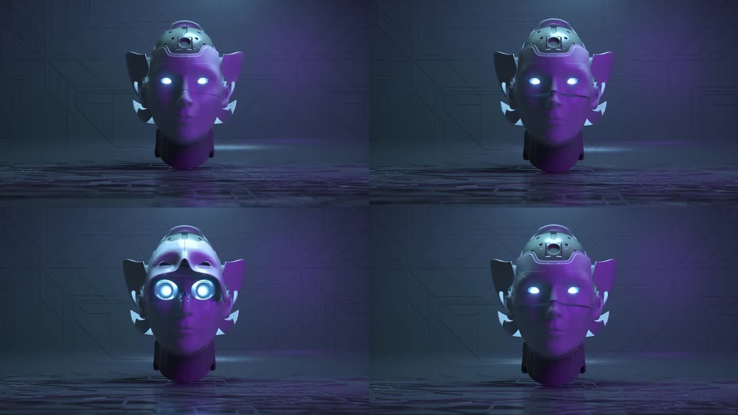 未来的概念。机器人的陶瓷头部打开，露出金属大脑和霓虹灯眼睛。蓝色霓虹灯。三维动画