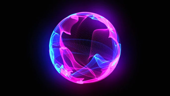在宇宙中发光旋转粒子氖三维球体。虚拟助理动画。能量球。技术、科学、工程和人工智能背景。粉红色和蓝色。