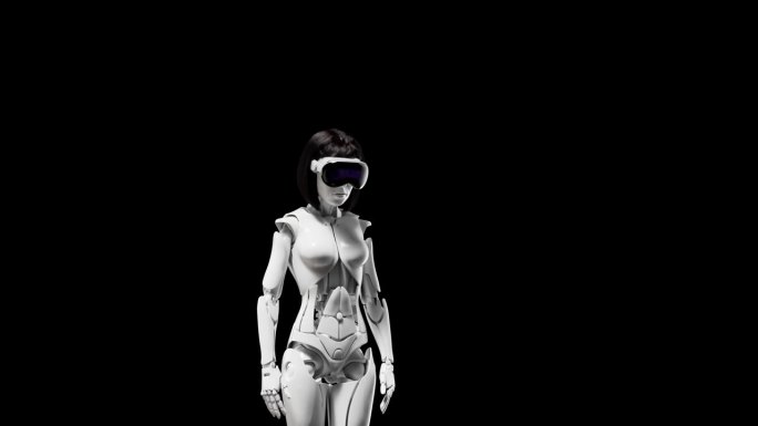 黑色背景上一个戴着VR眼镜的半机械人女孩的肖像