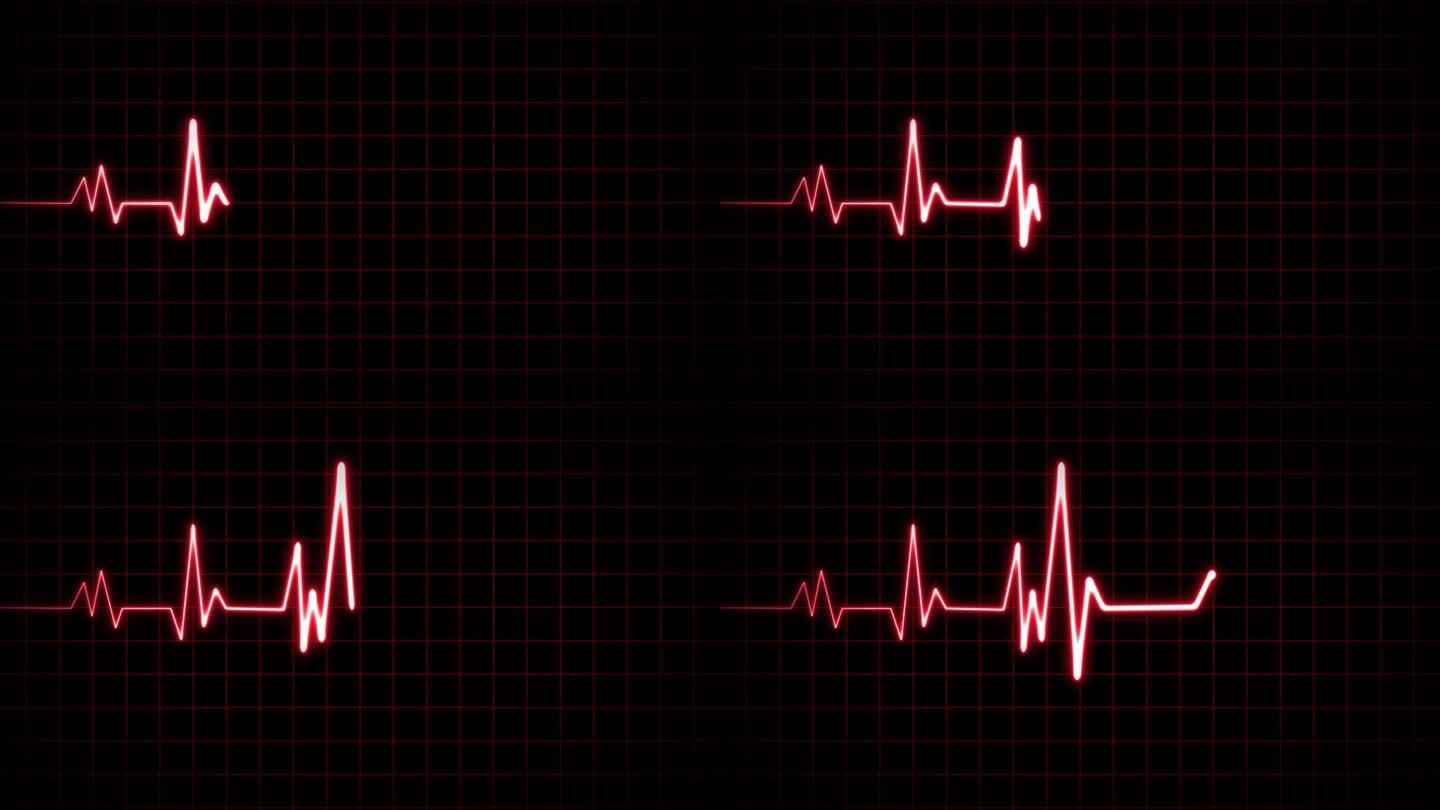 心电心跳脉搏率发光红色霓虹灯环网格动画背景。心电图60 BPM循环屏幕，蓝色带网格。心率监测器。医疗