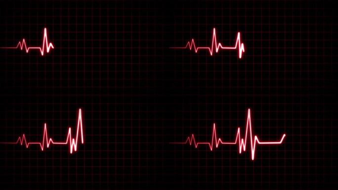 心电心跳脉搏率发光红色霓虹灯环网格动画背景。心电图60 BPM循环屏幕，蓝色带网格。心率监测器。医疗