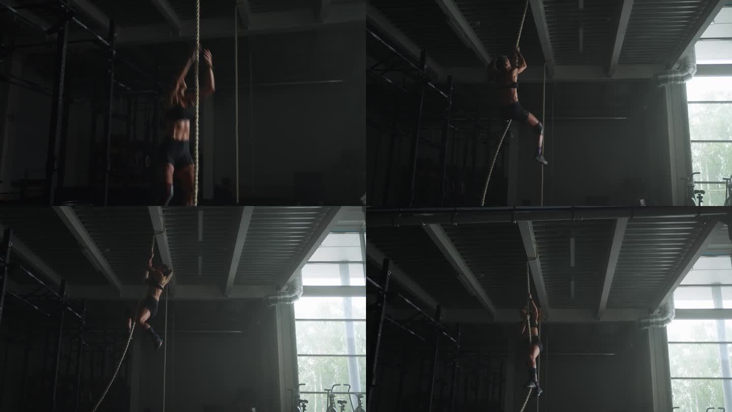 女运动员在健身房攀岩，为发展耐力和力量的艰苦的有氧运动
