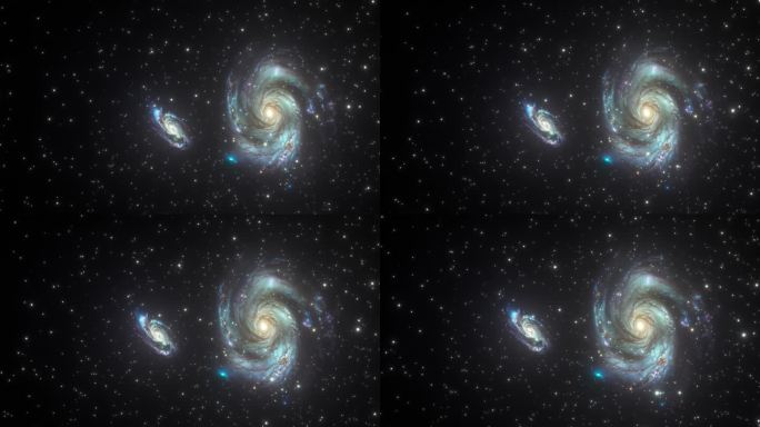 滑翔无缝地通过宇宙广阔的两个星系汇合的独特奇观。在宇宙力量的微妙舞蹈中，这些天体的宏伟。4K 3D抽