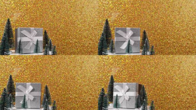 一个精美包装的礼品盒在闪闪发光的金色背景下旋转。