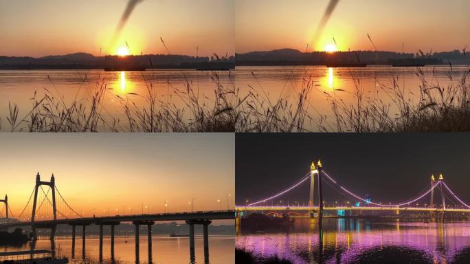 夕阳下 的大桥 夕阳下的江面