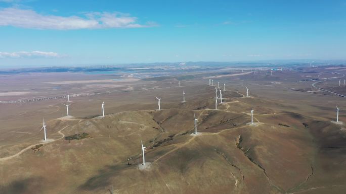4K内蒙古大草原新能源风力发电风车航拍