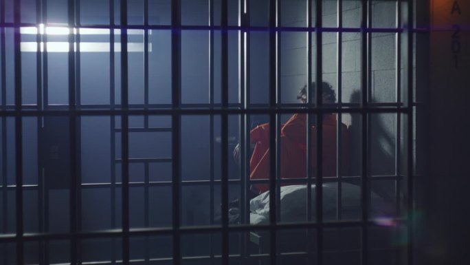 囚犯坐在牢房的床上，狱卒走在走廊上