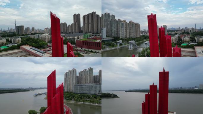 南京渡江胜利纪念馆 4K红星雕塑近景航拍