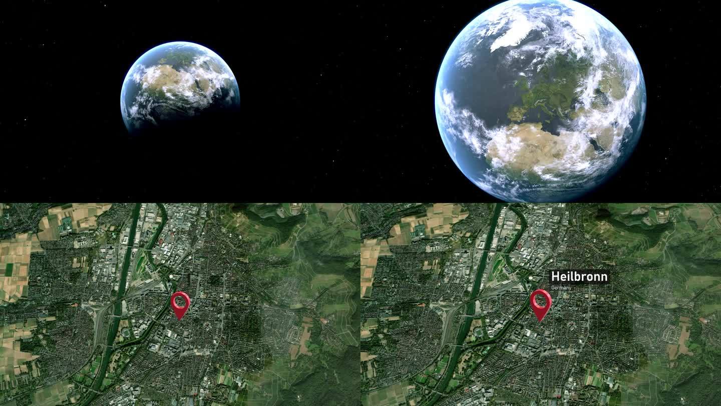 海尔布隆城市地图从太空到地球的缩放，德国