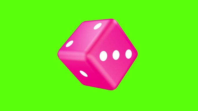粉红色的骰子在绿色的屏幕上旋转。三维动画
