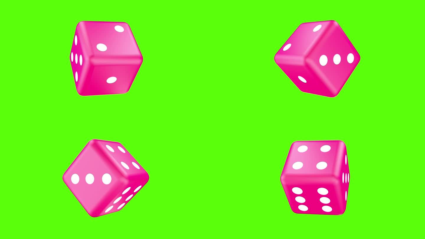 粉红色的骰子在绿色的屏幕上旋转。三维动画