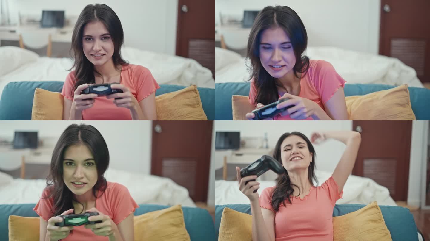 一个女人在玩电子游戏的时候玩得很开心