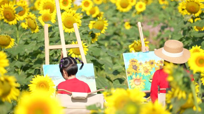亲子向日葵花海田野写生画画