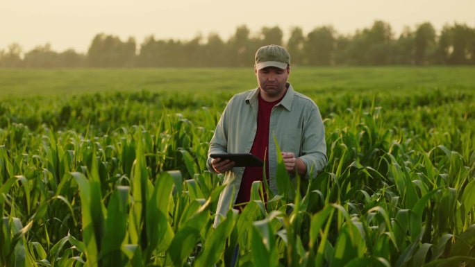 农业综合经营与农业概念，农学家走在玉米地里，在碑上做笔记