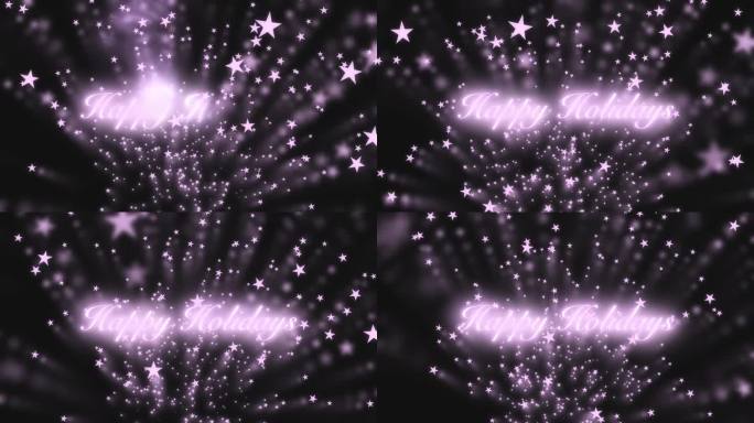 节日快乐的问候文字与发光的粉红色星星飞向相机在黑色背景。模糊的动态图像。