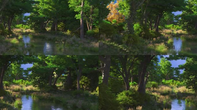 4K三维动画森林水小溪大自然树林森林阳光