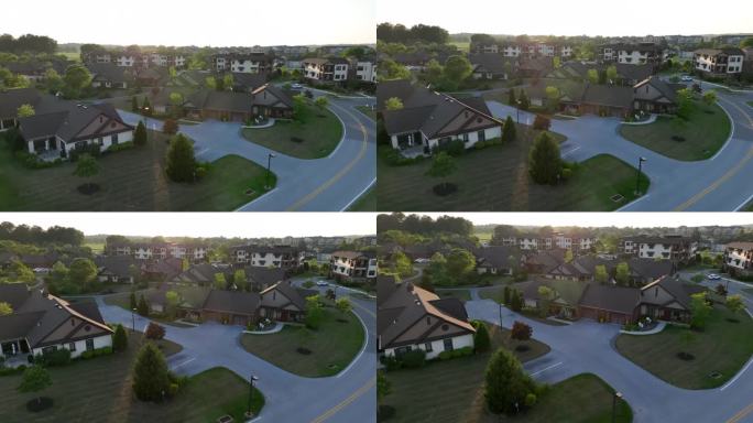 退休之家，别墅和小社区的房子。夕阳下的美国养老院航拍图。