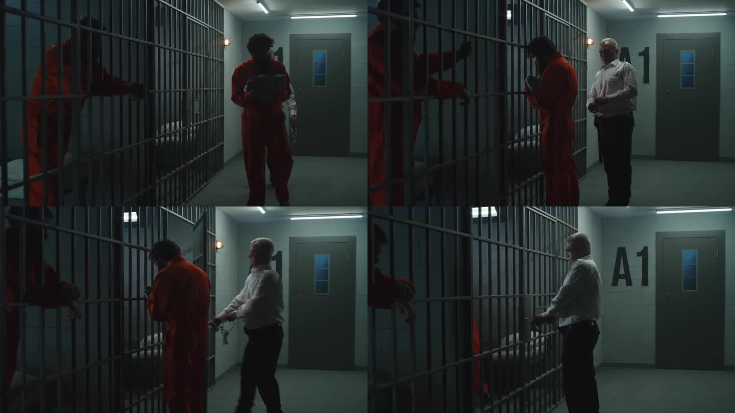 狱警把穿橙色制服的罪犯锁在牢房里