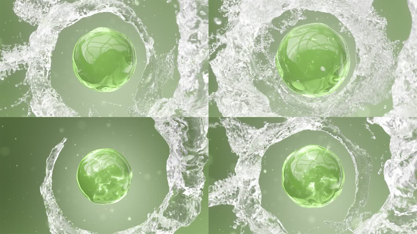 绿色精华因子 水花旋转环绕绿色水珠细胞