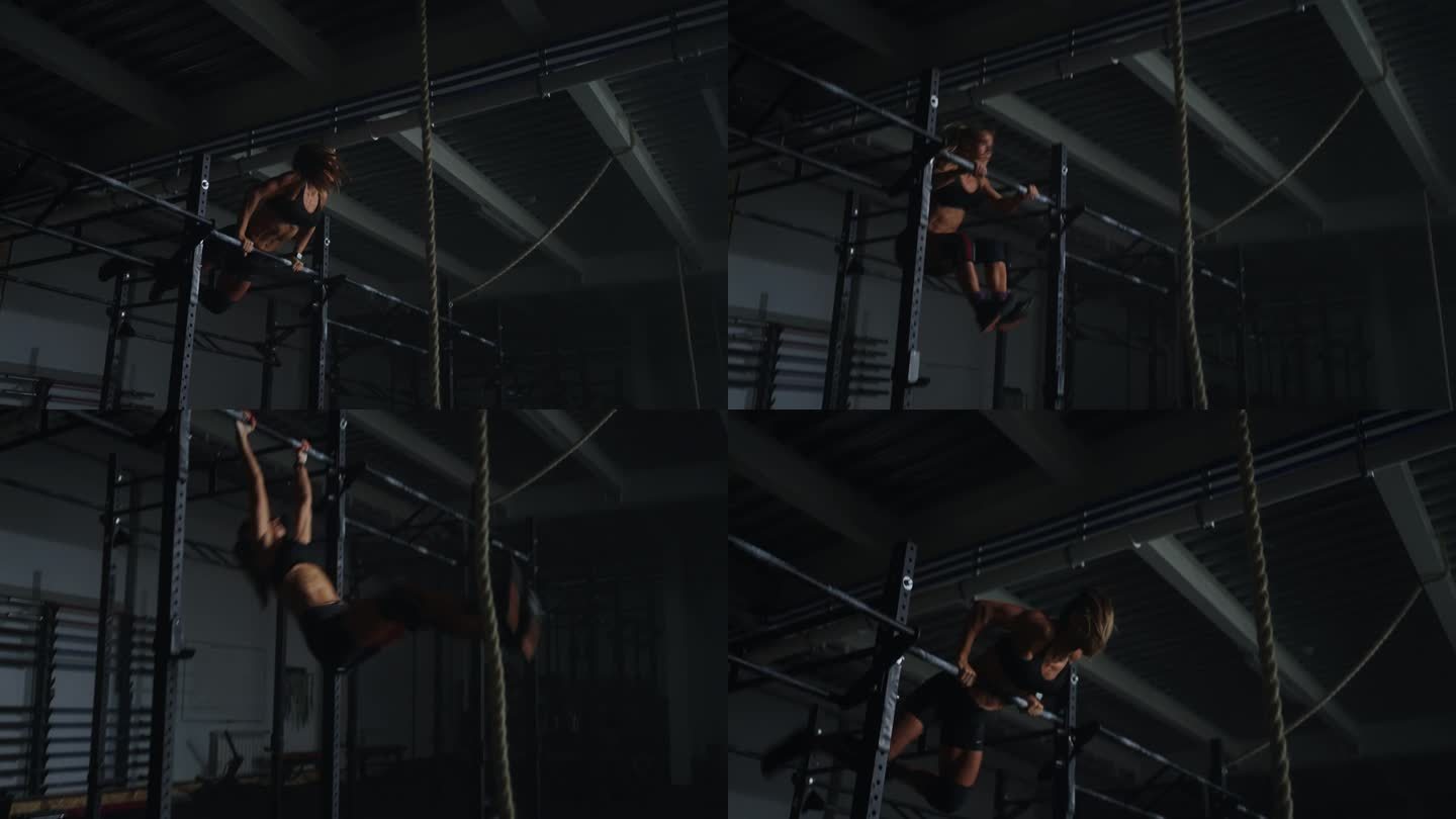 女运动员在体操房中做横杆练习，强而有力的女子单独训练