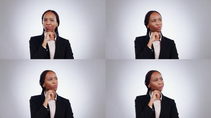 思考，面对或黑人妇女在演播室的问题，选择或怀疑在灰色背景。为什么，决定或非洲商业模式在任何手表情符号