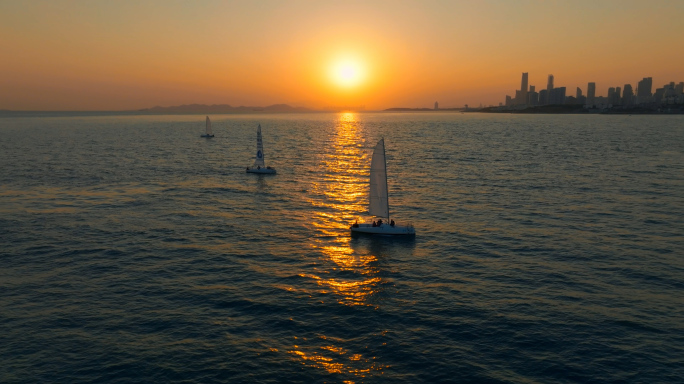 大海 落日 夕阳 帆船