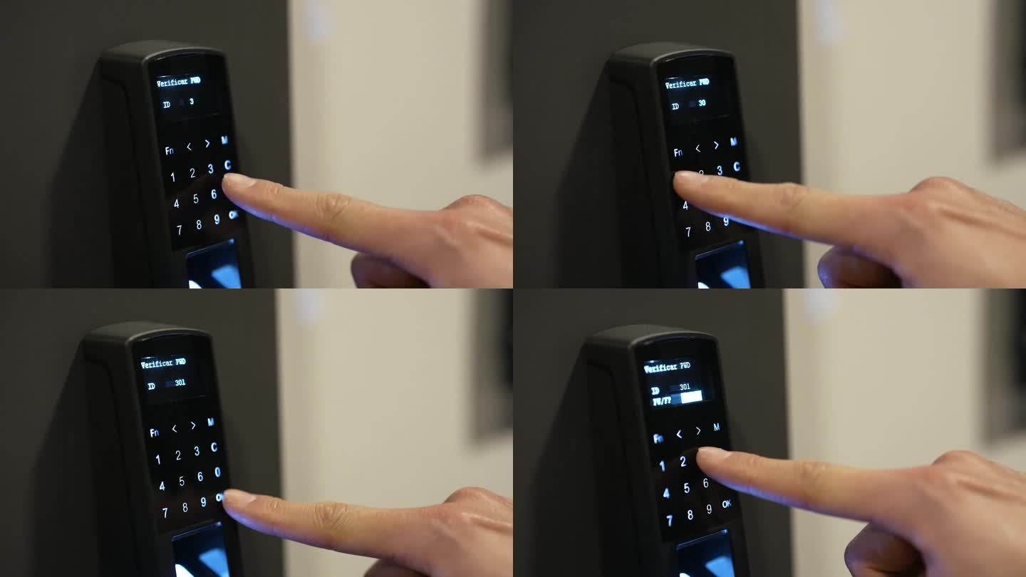 一个人的手在门禁键盘上输入密码的特写镜头