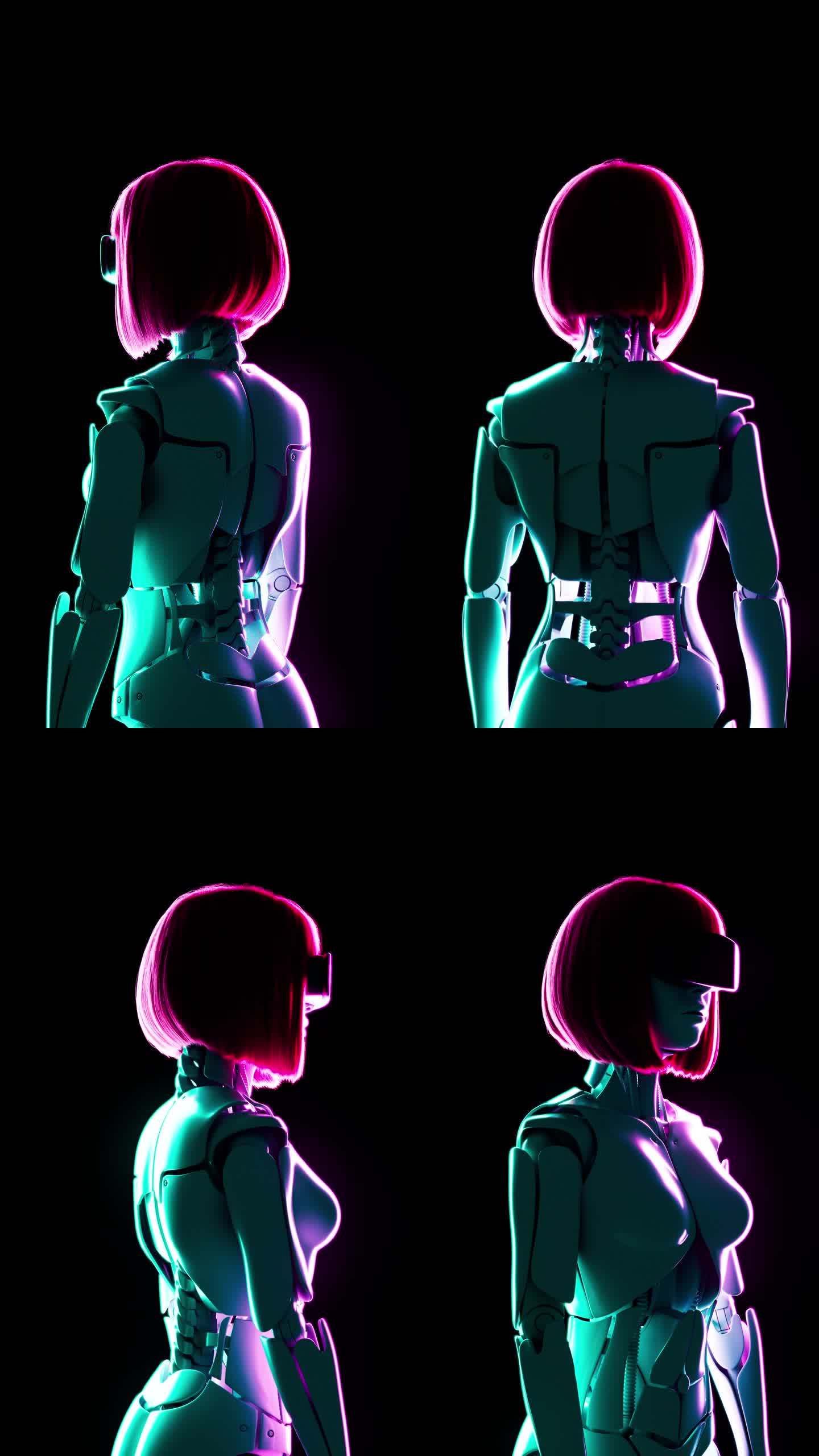 一个戴着VR眼镜的粉色亮发半机械人女孩被霓虹灯照亮