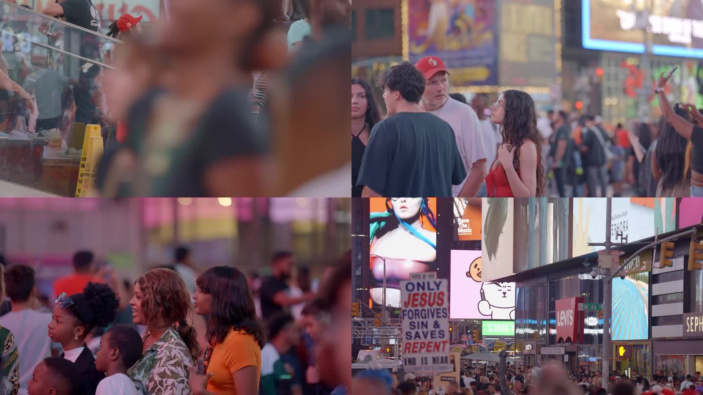 美国时代广场 街头艺人 人群游客 广告牌