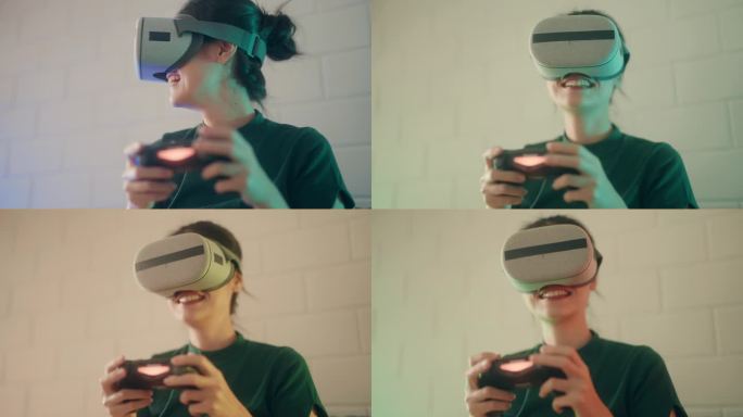 现代娱乐:女人在客厅里用VR头显玩视频游戏。