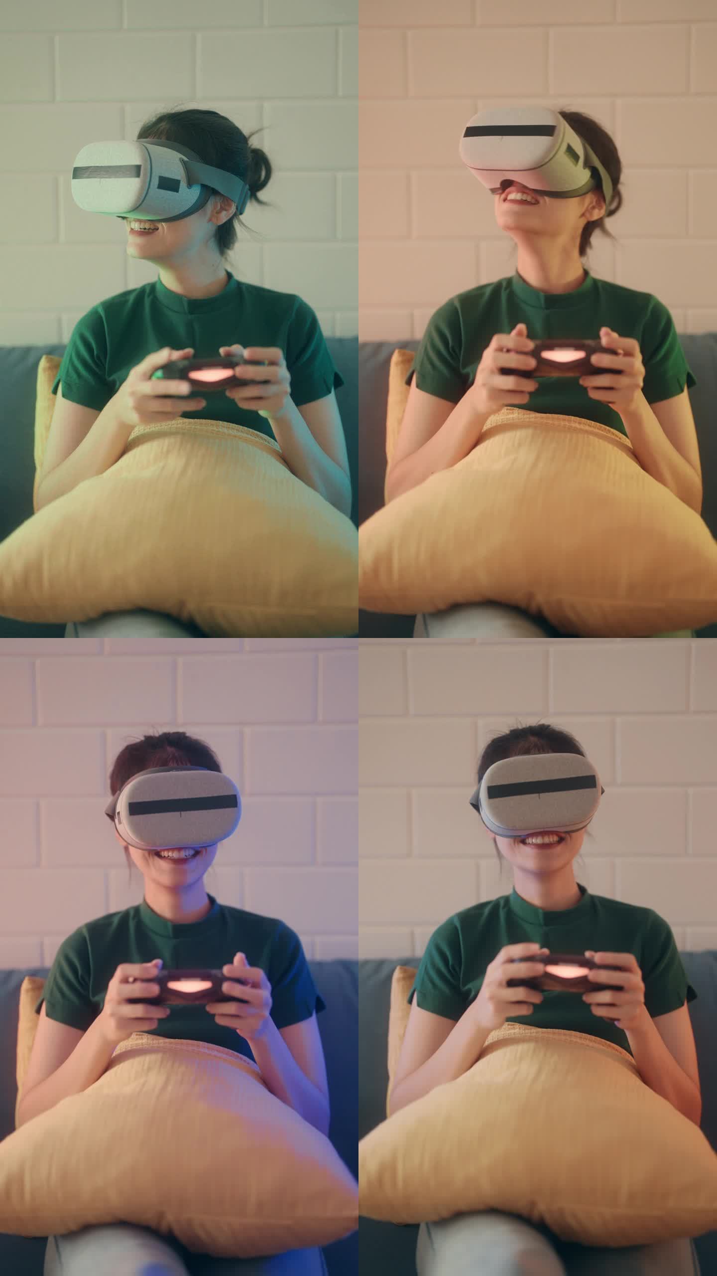 沉浸式游戏体验:美女在时尚客厅享受VR 360视频游戏。