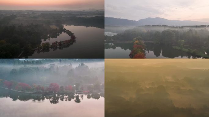 【8镜头合集】航拍南京前湖公园日出晨雾