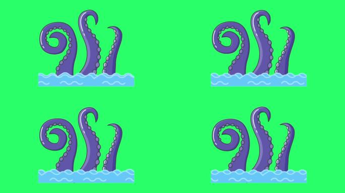 动画蓝色鱿鱼在绿色背景。
