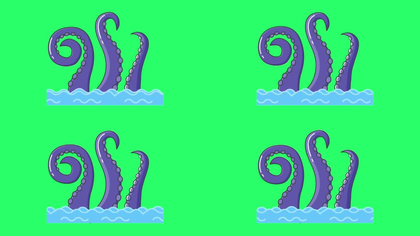 动画蓝色鱿鱼在绿色背景。