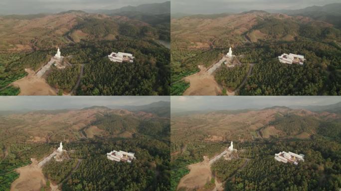 美丽的风景风景飞行视图，大白色佛像附近的佛教寺庙，金色的宝塔和白色的小教堂在高原上，周围有丰富的树木