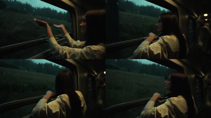 火车窗外下着大雨。在雨中行驶的火车上，妇女或女孩站在敞开的窗户附近。她看着窗外，把他的手伸出窗外。