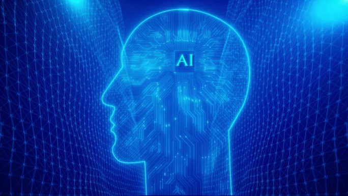未来的人工智能技术机器学习，在蓝色背景下面对电路板和二进制数据流。
