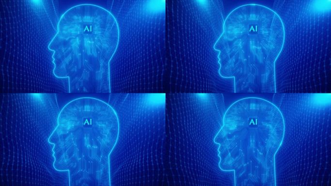未来的人工智能技术机器学习，在蓝色背景下面对电路板和二进制数据流。