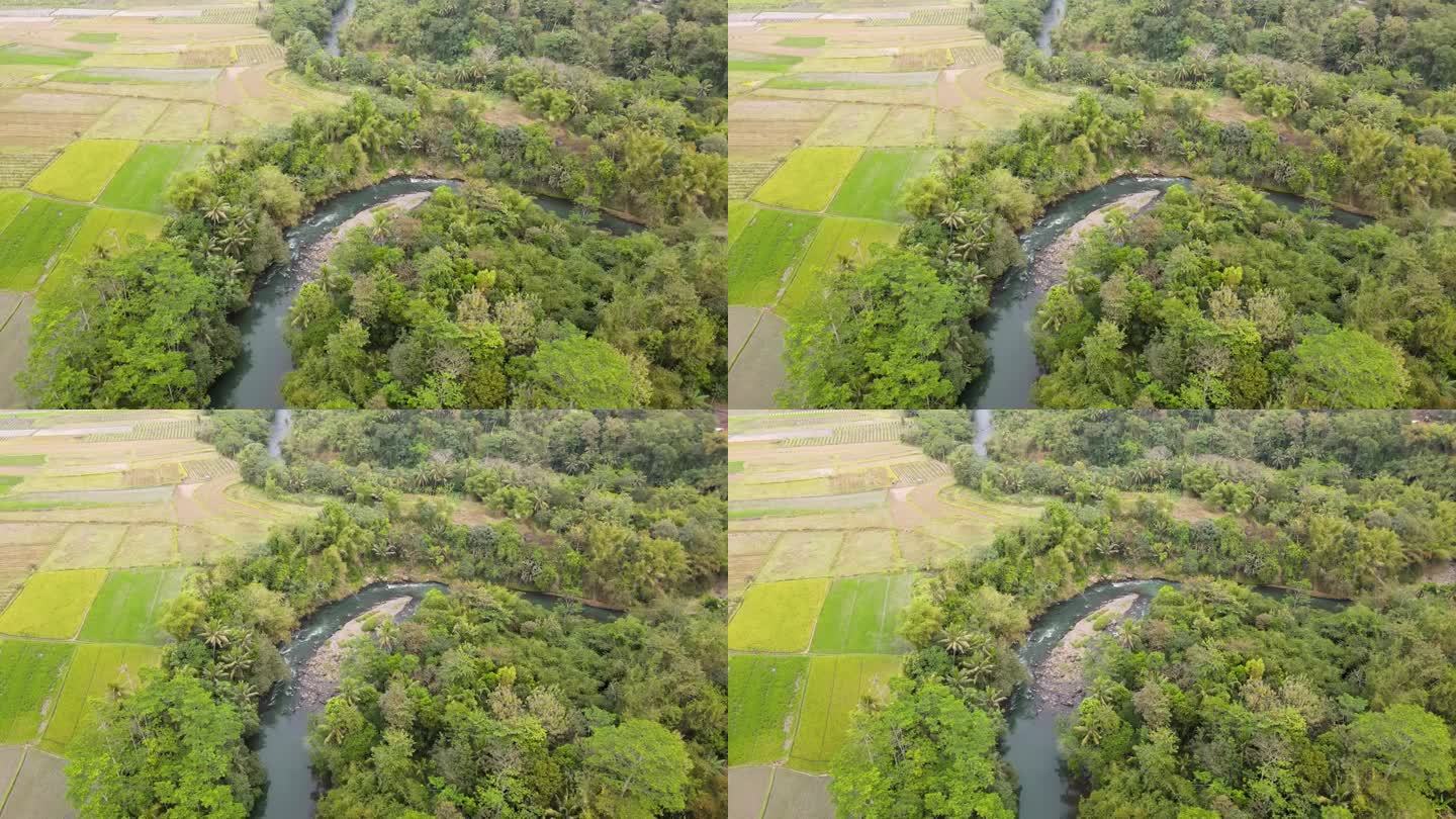 热带国家自然蜿蜒河流的鸟瞰图。印度尼西亚的乡村景观。值得信赖。轨道无人机拍摄