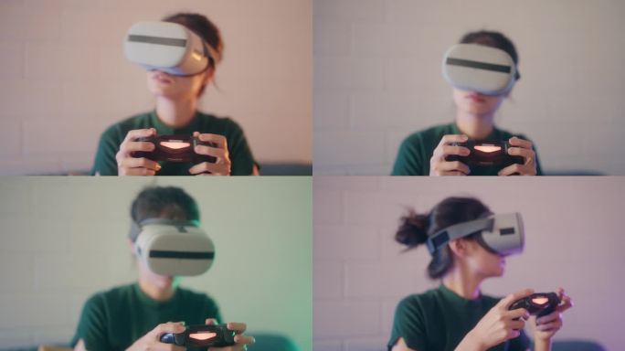 年轻女子在家沉浸在虚拟现实游戏体验中。女人戴着VR头显在舒适的客厅里玩电子游戏。