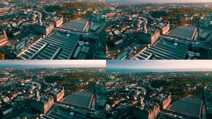 鸟瞰图俯视图在韦弗利站和市场街，看到著名的地标爱丁堡在老城区的实时镜头