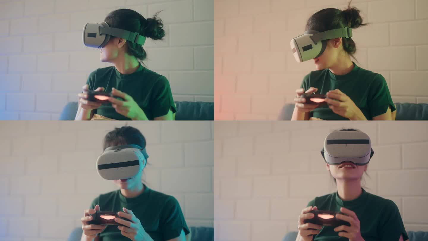 未来的游戏:现代女性在家沉浸在虚拟现实360游戏中。