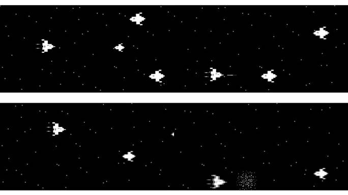 一个老式8位游戏的动画，飞船在太空中射击敌人。