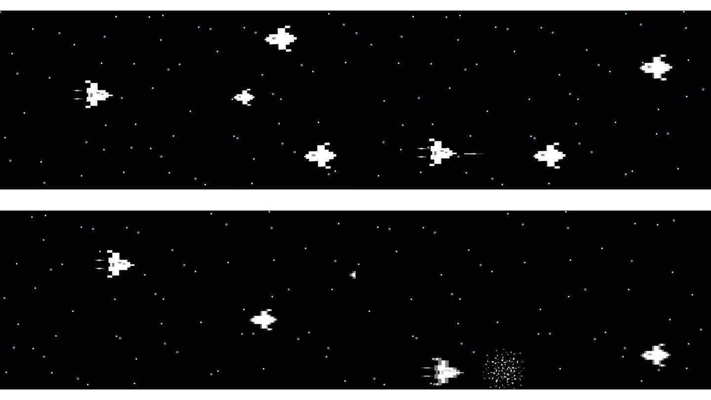 一个老式8位游戏的动画，飞船在太空中射击敌人。