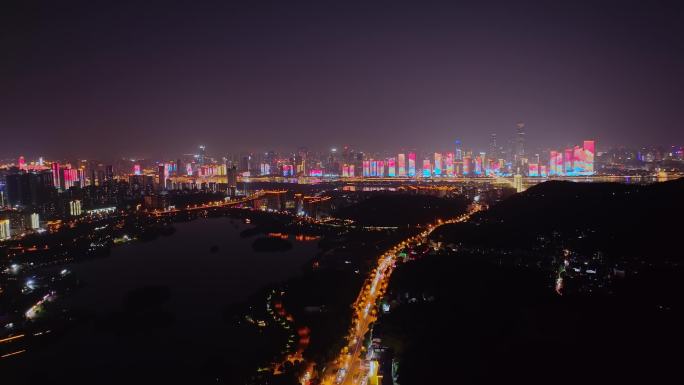 湖南长沙城市夜景湘江风光带航拍