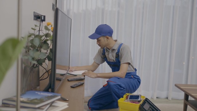 穿着蓝色连衣裤的熟练亚洲男工人熟练地修理大型电视-专业的电子维修服务